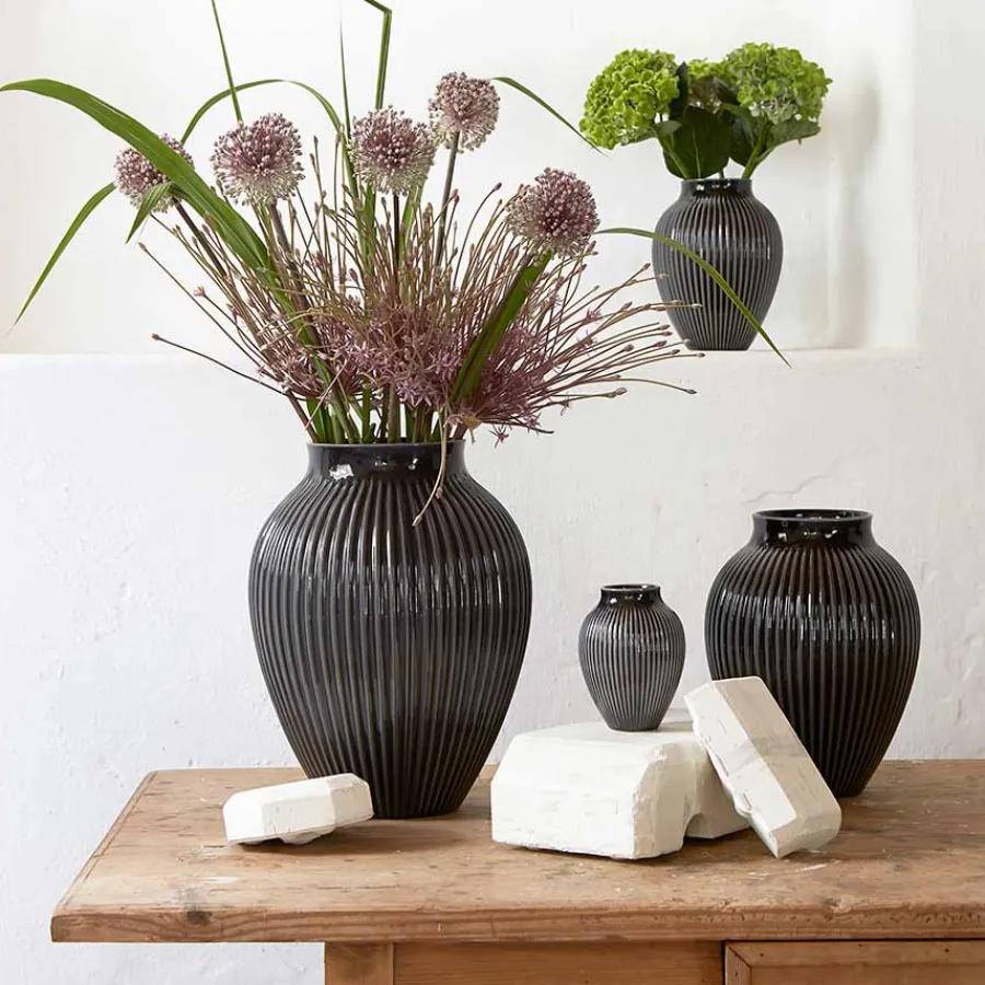 Dekor|Vaser>KNABSTRUP KERAMIK Vase 27cm Riflet Svart